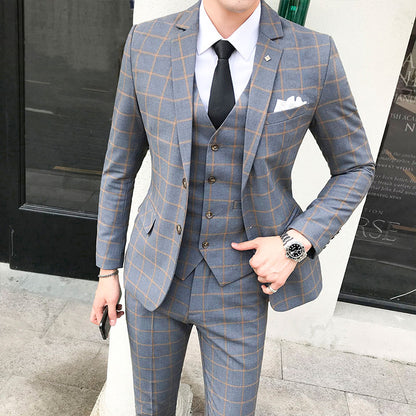 Men Dress Blazer Pants Vest 3 Piece Set / Male Wedding New 2023 Autumn Business Formal Plaid Suit Luxury