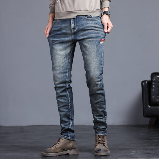 New Spring Summer Men's Jeans Vintage Blue Solid Color Elastic Classic Jeans Men Slim Fashion Denim Pants Male 27-38