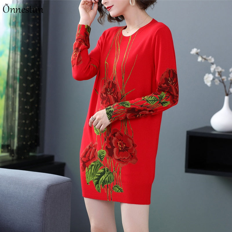 Fashion Long Sleeve Sweater Print Floral Knitwear Jumper