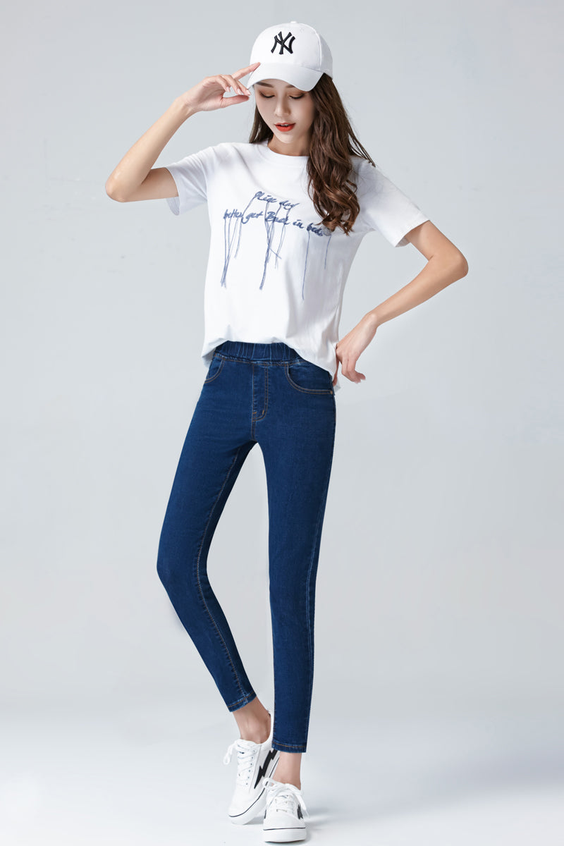 Women Elastic High Waist Skinny Jeans Fashion Women Black Blue Pocket Mom Jeans Slim fit Stretch Denim Pants