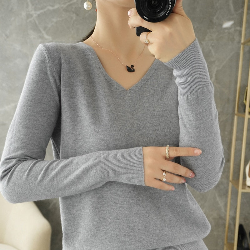 V-neck Knitwear Long Sleeve Loose Cashmere Sweater