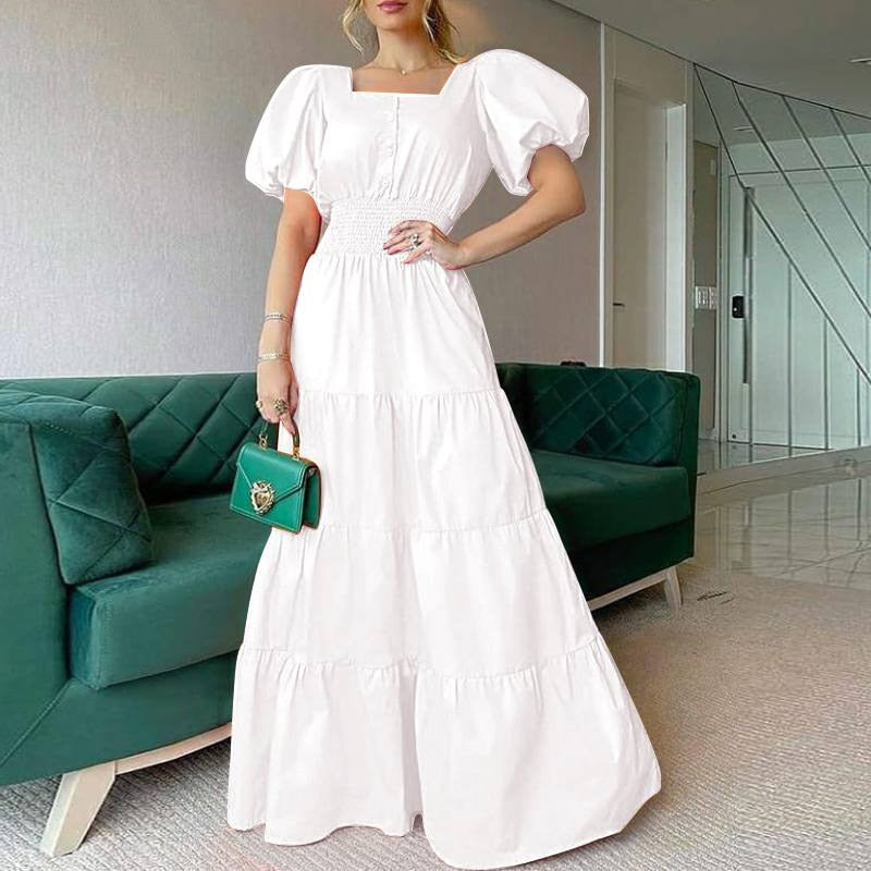 Summer Puff Shoulder Party Dress Spring Solid Button Long Shirt