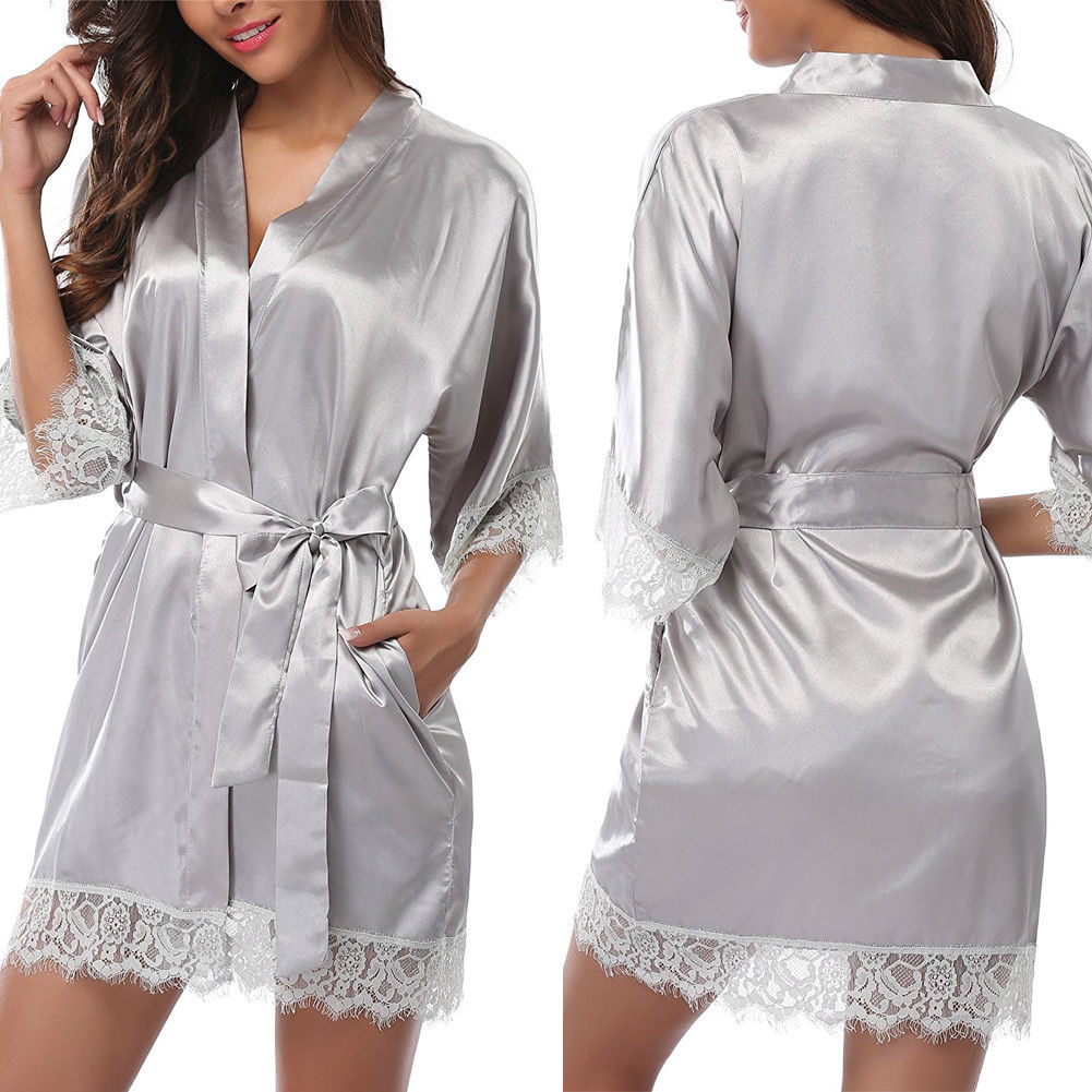 Silk Lace Dress Women's Sleepwear Mini Robe Half Sleeve Lace Bathrobe Sexy Lingerie Night Dress Thongs Nightgown