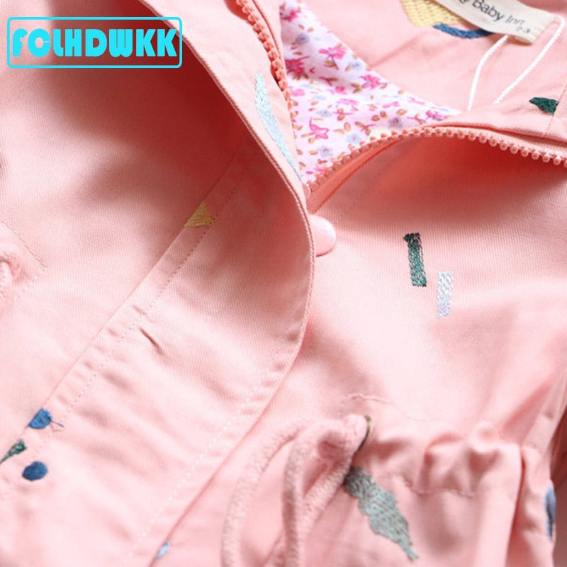 Spring Autumn Girls Windbreaker Coat Jackets Baby Kids Flower Embroidery Hooded Outwear