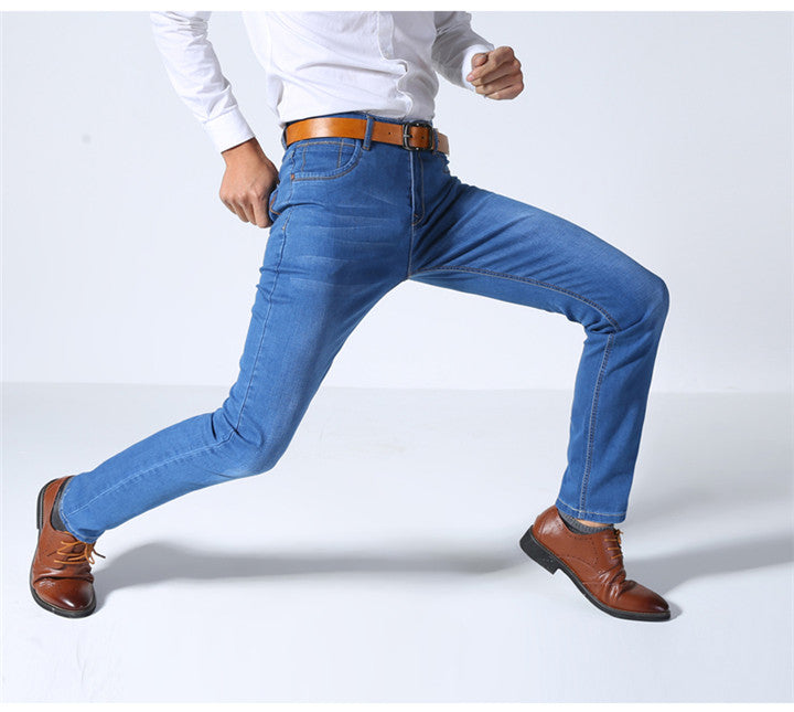 Classic Style Men Brand Jeans Business Casual Stretch Slim Denim Pants Light Blue Black Trousers Male