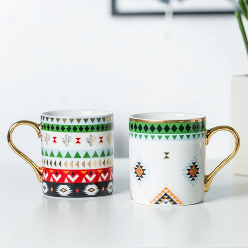 Luxury Gold Totems Mosaic Geometric Flamingo Ceramic Coffee Mug Coffee Cup Gold Breakfast Milk Water Cup Couple Creative Gifts