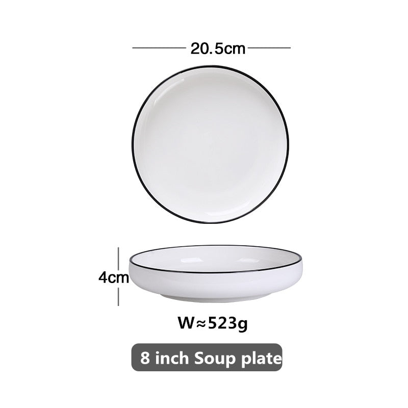 White With Black Edge Plate Ceramic Kitchen Tray Food Rice Salad Noodles Bowl Soup Kitchen Cooking Tool 1pcs Sale