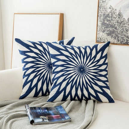 Home Decor Embroidered Cushion Cover Navy Blue/White Geometric Flowers Canvas Cotton Square Embroidery Pillow Cover 45x45cm