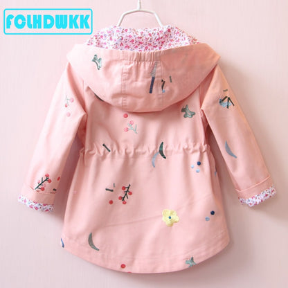 Spring Autumn Girls Windbreaker Coat Jackets Baby Kids Flower Embroidery Hooded Outwear