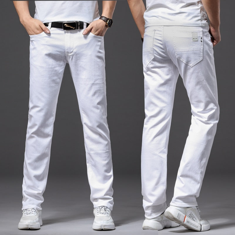 Männer Weiße Jeans Mode Lässig Klassische Stil Slim Fit Weiche Hose Männlichen Marke Erweiterte Stretch Hosen