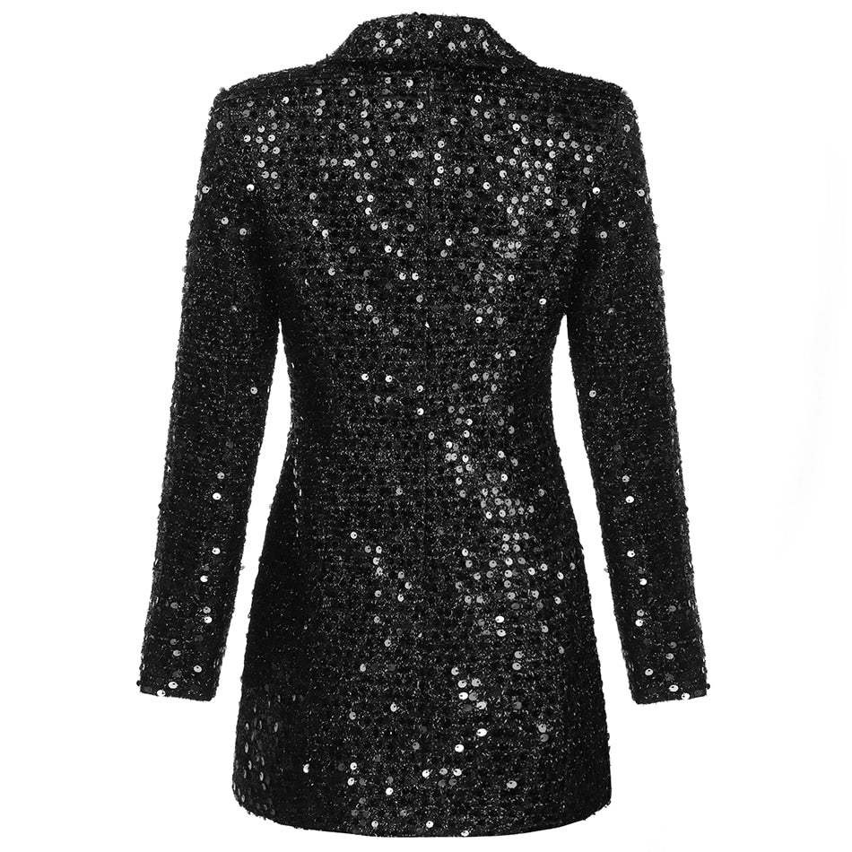 High quality fashion designer blazers women double lion buttons shawl collar glitter sequins long runway black blazer