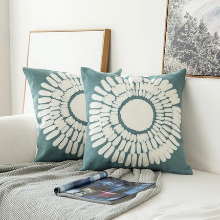 Home decor embroidered cushion cover grey blue/white geometric flowers canvas cotton square embroidery pillow cover 45x45cm