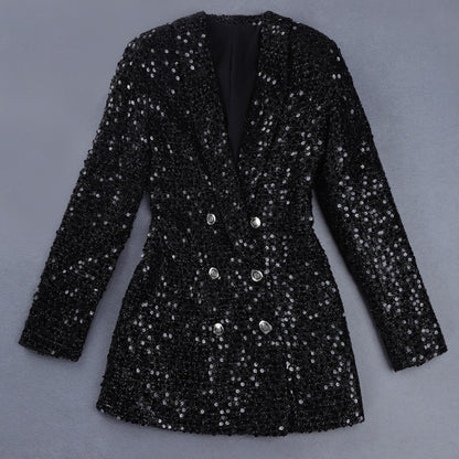 High quality fashion designer blazers women double lion buttons shawl collar glitter sequins long runway black blazer
