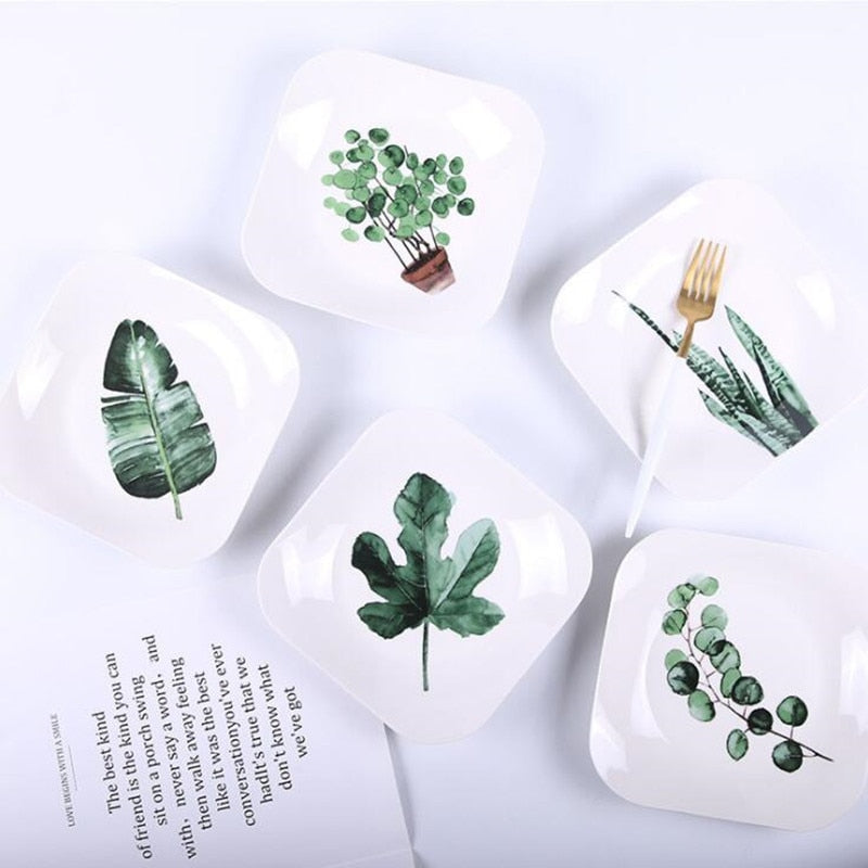 8 inch Green Plants Ceramic Plate Porcelain Beef Dishes Dessert Dish Fruit Plate Cake Tray Food Tableware Gift 1 pc