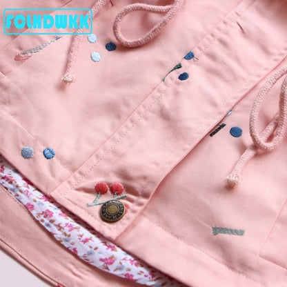 Spring Autumn Girls Windbreaker Coat Jackets Baby Kids Flower Embroidery Hooded Outwear