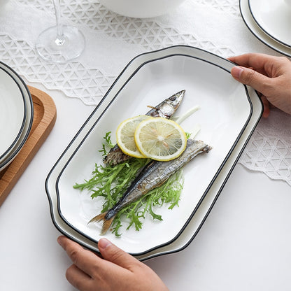 Weiß Mit Schwarzen Rand Teller Keramik Küche Tablett Speisen Reis Salat Nudeln Schüssel Suppe Küche Kochen Werkzeug 1 stücke Verkauf