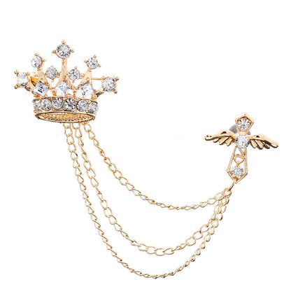 Korean British Style Crown Bird Brooch Cross Suit Tassel Chain Lapel Pin Angle Wing Badge Retro Female Corsage Men Accessories