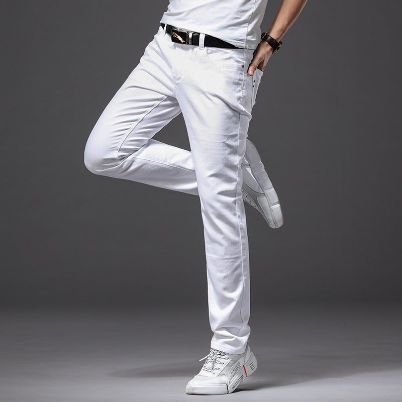 Männer Weiße Jeans Mode Lässig Klassische Stil Slim Fit Weiche Hose Männlichen Marke Erweiterte Stretch Hosen