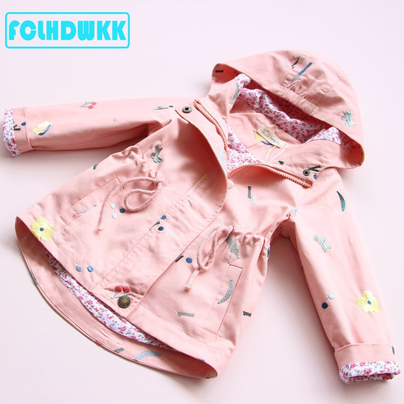 Spring Autumn Girls Windbreaker Coat Jackets Baby Kids Flower Embroidery Hooded Outwear