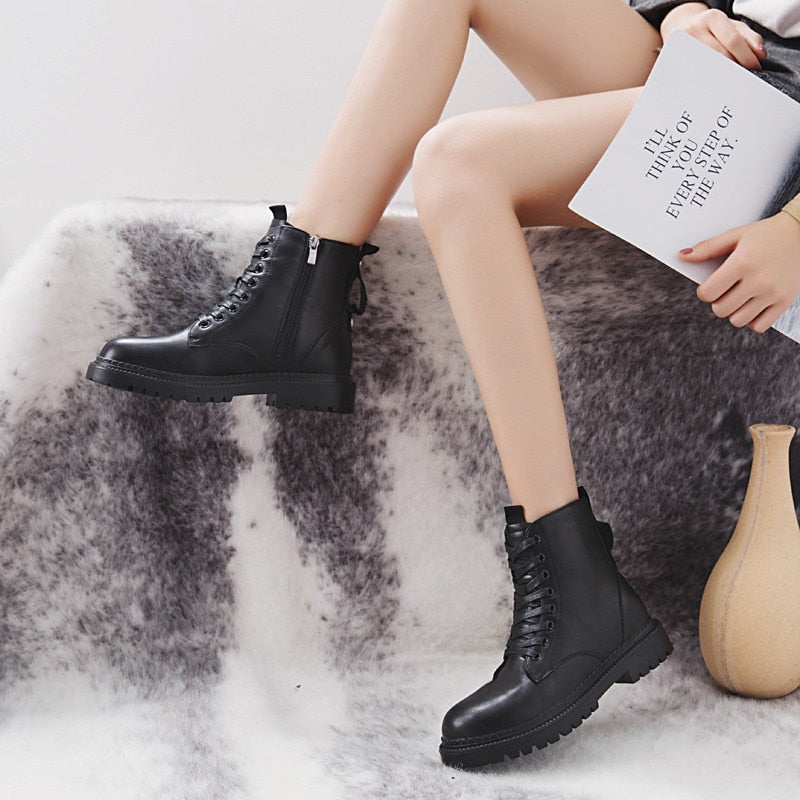 Fashion Zipper Flat Shoes Woman High Heel Platform PU Leather Boots Lace up Women Shoes Ankle Boots Girls 35-40