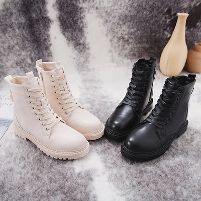 Fashion Zipper Flat Shoes Woman High Heel Platform PU Leather Boots Lace up Women Shoes Ankle Boots Girls 35-40