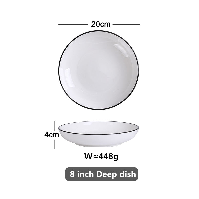 White With Black Edge Plate Ceramic Kitchen Tray Food Rice Salad Noodles Bowl Soup Kitchen Cooking Tool 1pcs Sale