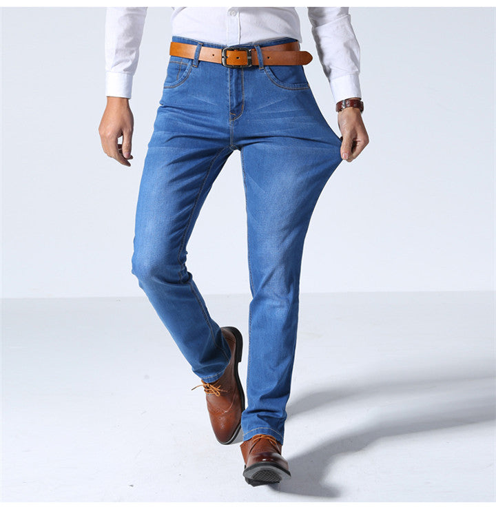 Classic Style Men Brand Jeans Business Casual Stretch Slim Denim Pants Light Blue Black Trousers Male