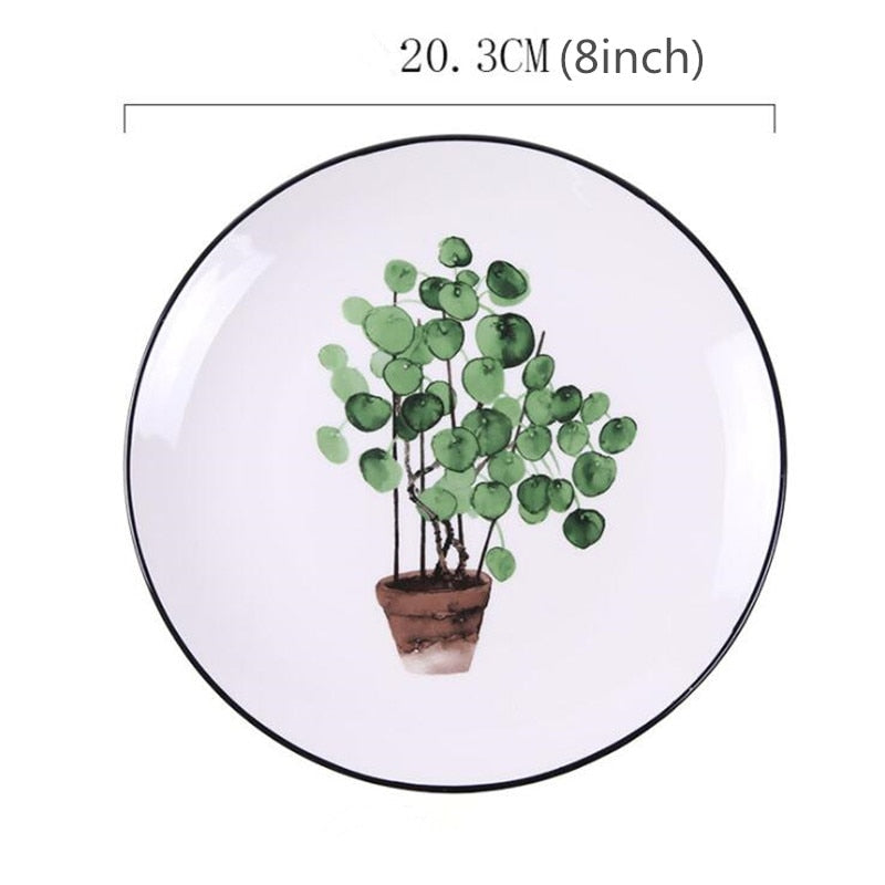 8 inch Green Plants Ceramic Plate Porcelain Beef Dishes Dessert Dish Fruit Plate Cake Tray Food Tableware Gift 1 pc