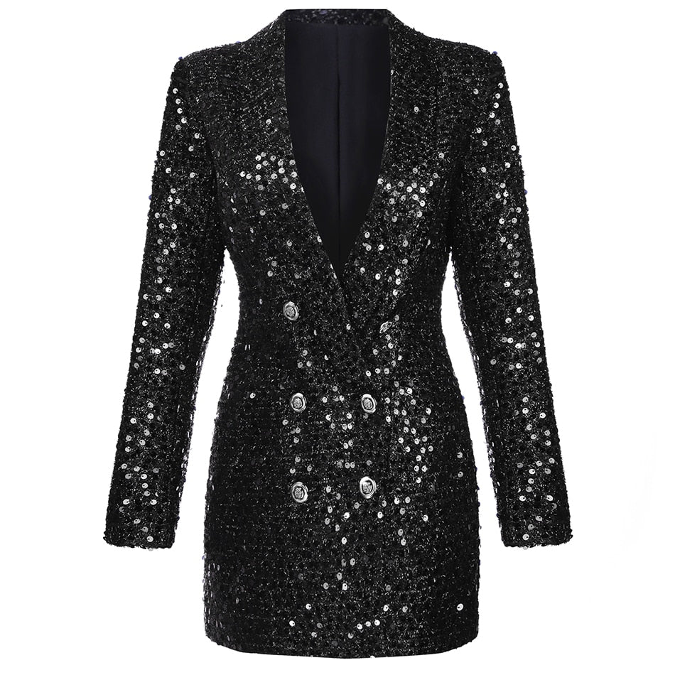 High quality fashion designer blazers women double lion buttons shawl collar glitter sequins long runway black blazer