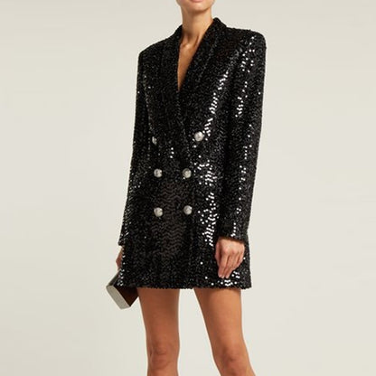 High quality fashion designer blazers women double lion buttons shawl collar glitter sequins long runway black blazer