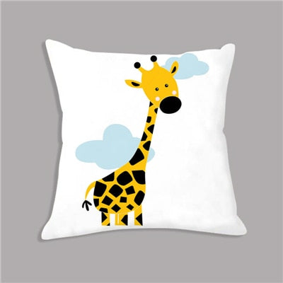 Cartoon Giraffe Lion Elephant Animal Printed White Plush Seat Cushion Throw Pillow 45x45cm Decorative Pillow Cover Kids Room