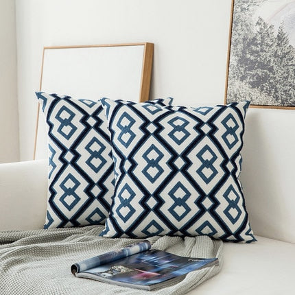 Home Decor Embroidered Cushion Cover Navy Blue/White Geometric Flowers Canvas Cotton Square Embroidery Pillow Cover 45x45cm