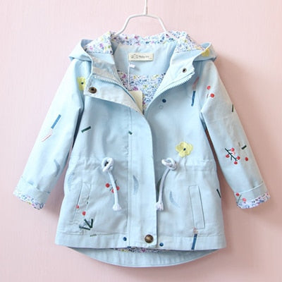 Spring Autumn Girls Windbreaker Coat Jackets Baby Kids Flower Embroidery Hooded Outwear