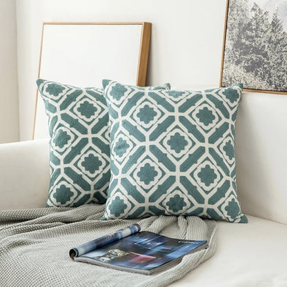 Home decor embroidered cushion cover grey blue/white geometric flowers canvas cotton square embroidery pillow cover 45x45cm