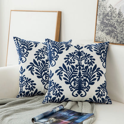 Home Decor Embroidered Cushion Cover Navy Blue/White Geometric Flowers Canvas Cotton Square Embroidery Pillow Cover 45x45cm