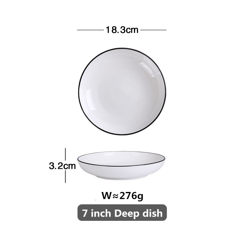 White With Black Edge Plate Ceramic Kitchen Tray Food Rice Salad Noodles Bowl Soup Kitchen Cooking Tool 1pcs Sale