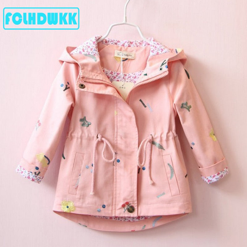 Spring Autumn Girls Windbreaker Coat Jackets Baby Kids Flower Embroidery Hooded Outwear