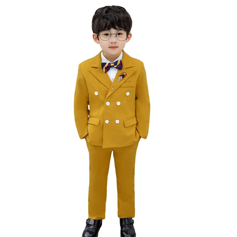 Flower Boys Formal Dress Suit Set Autumn Kids Plaid Double Breasted Blazer Pants 2Pcs Clothes
