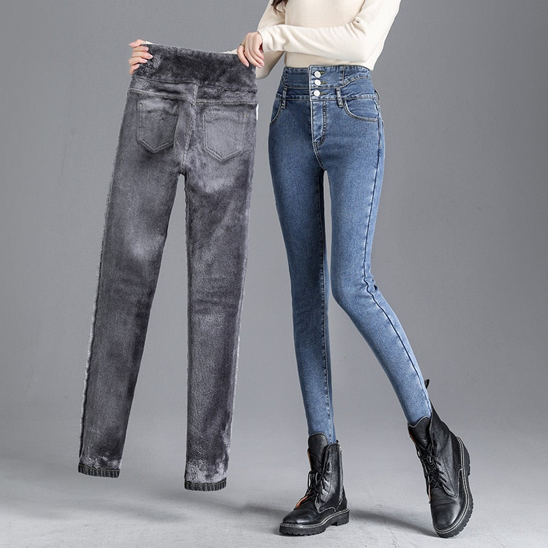 Hohe-qualität Winter Dicke Fleece High-taille Warme Dünne Jeans Dick Frauen Stretch Taste Bleistift Hose Mama Casual samt Jeans