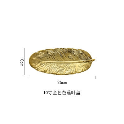 Luxury Ceramic Platter Tray with Glod Rim Green Leaf Glod Feather Jewelry Makeup Brush Storage Decorative Sushi Plate