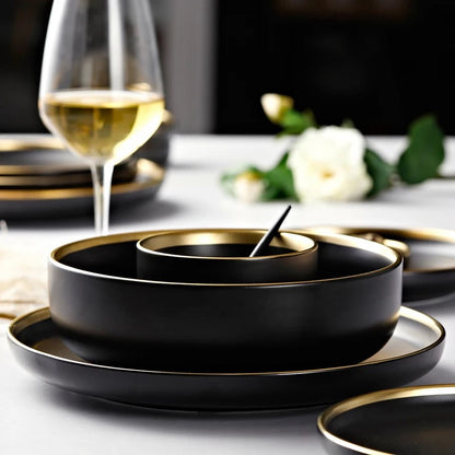 Black Dinnerware Set Ceramic Plates Dishes Plates and Bowls Set Food Plate Salad Soup Bowl Tableware Set for Restaurant