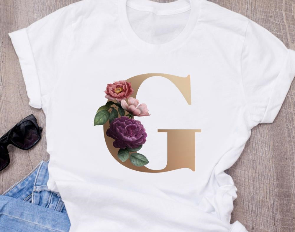 Custom name letter combination women High quality printing T-shirt Flower letter Font A BCDEFG short sleeve Clothing