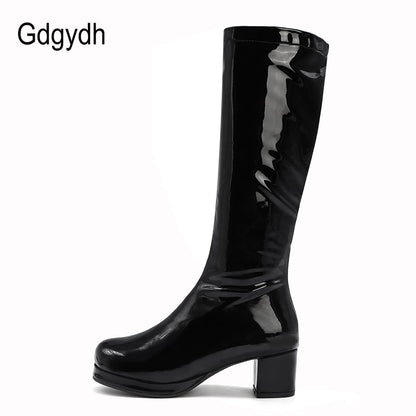Women Patent Leather Boots 2023 Autumn Winter High Heel Platform Mid Calf Boots For Women Colorful Fashion Light PU Boots