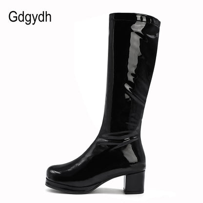 Frauen Patent Leder Stiefel 2023 Herbst Winter Hohe Ferse Plattform Mitte Wade Stiefel Für Frauen Bunte Mode Licht PU stiefel