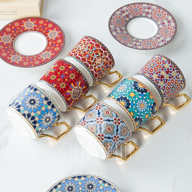 Moroccan Style Luxury Coffee Cup and Saucer Set with Gold Handle for Special Coffee Cappuccino Ceramic Tea Cup 250ml