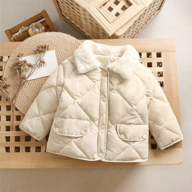 Neue Winter Kinder warme Baumwoll jacken Kaninchen Pelz Kragen Mäntel Baby kurze Stepp jacke