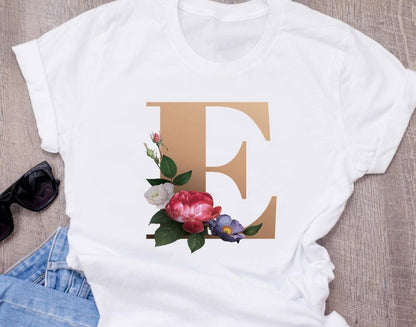 Custom name letter combination women High quality printing T-shirt Flower letter Font A BCDEFG short sleeve Clothing