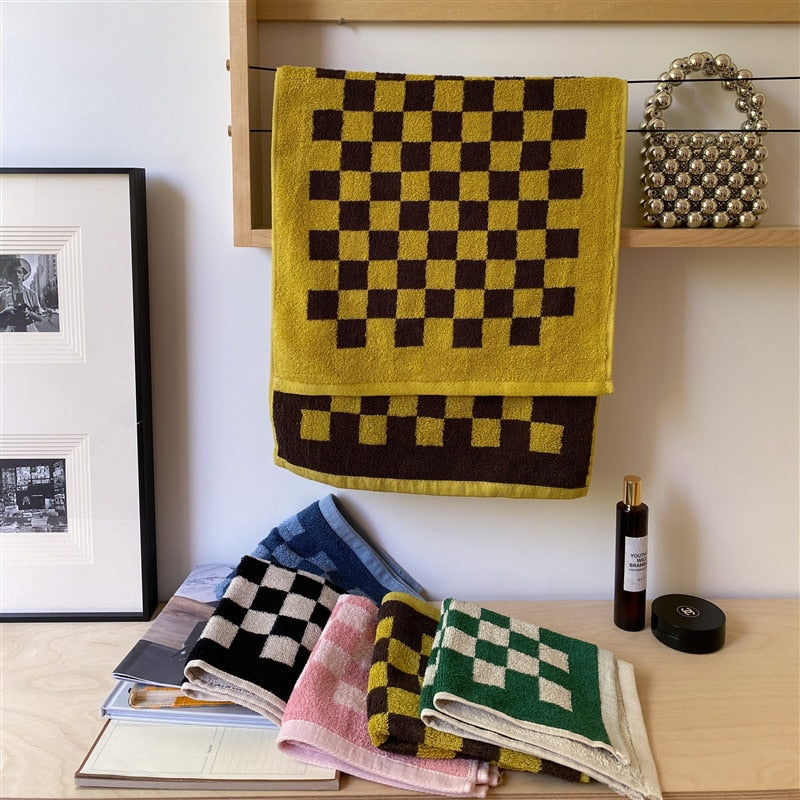 Retro Color Matching Long-Staple Cotton Skin-Friendly Towel Checkerboard Plaid Face Bath Towels Soft Absorbent Face Towel