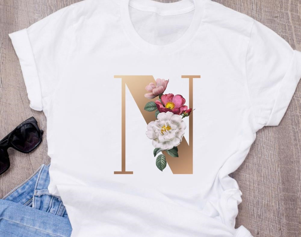 Custom name letter combination women High quality printing T-shirt Flower letter Font A BCDEFG short sleeve Clothing