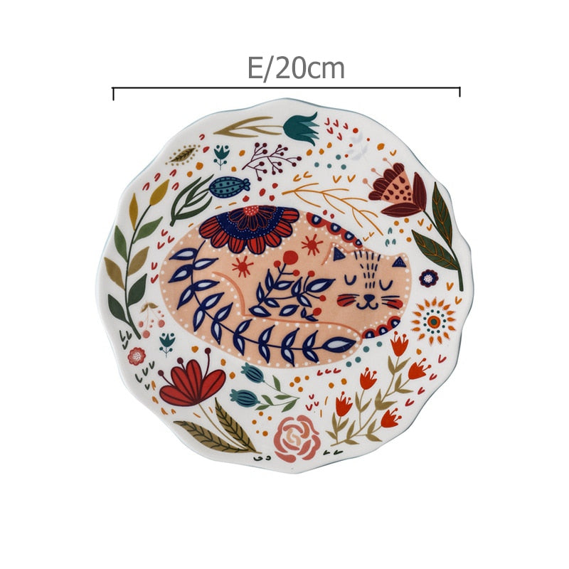 8 inch Colorful Cat Dinner Plate Under-glazed Ceramic Dinner Dishes Dessert Tray Flower Kitten Tableware Microwave Safe